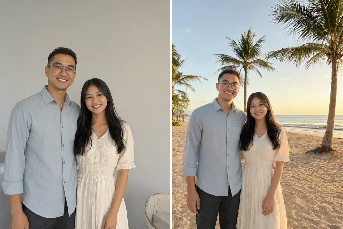 Perbandingan foto pasangan di depan dinding polos dan setelah latarnya diganti menjadi pantai Bali