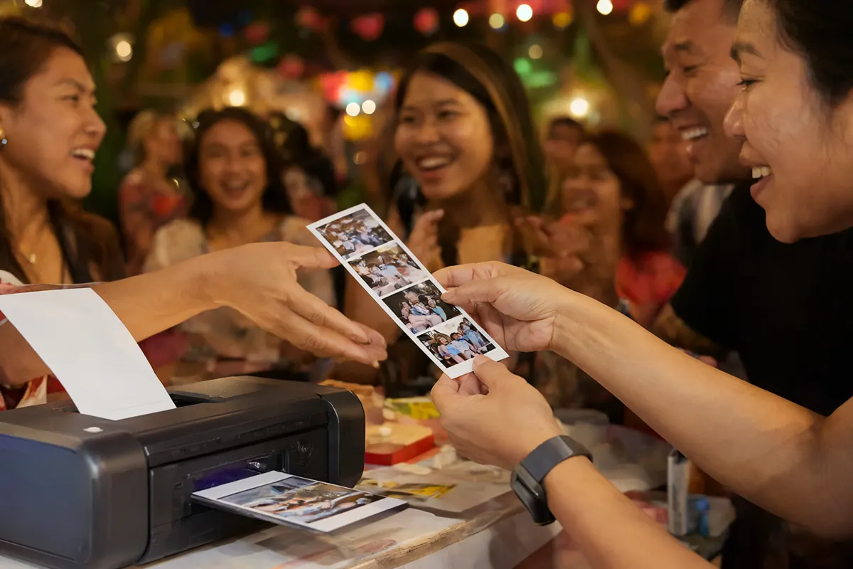 Operator photobooth menyerahkan strip foto yang baru dicetak kepada tamu pesta ulang tahun