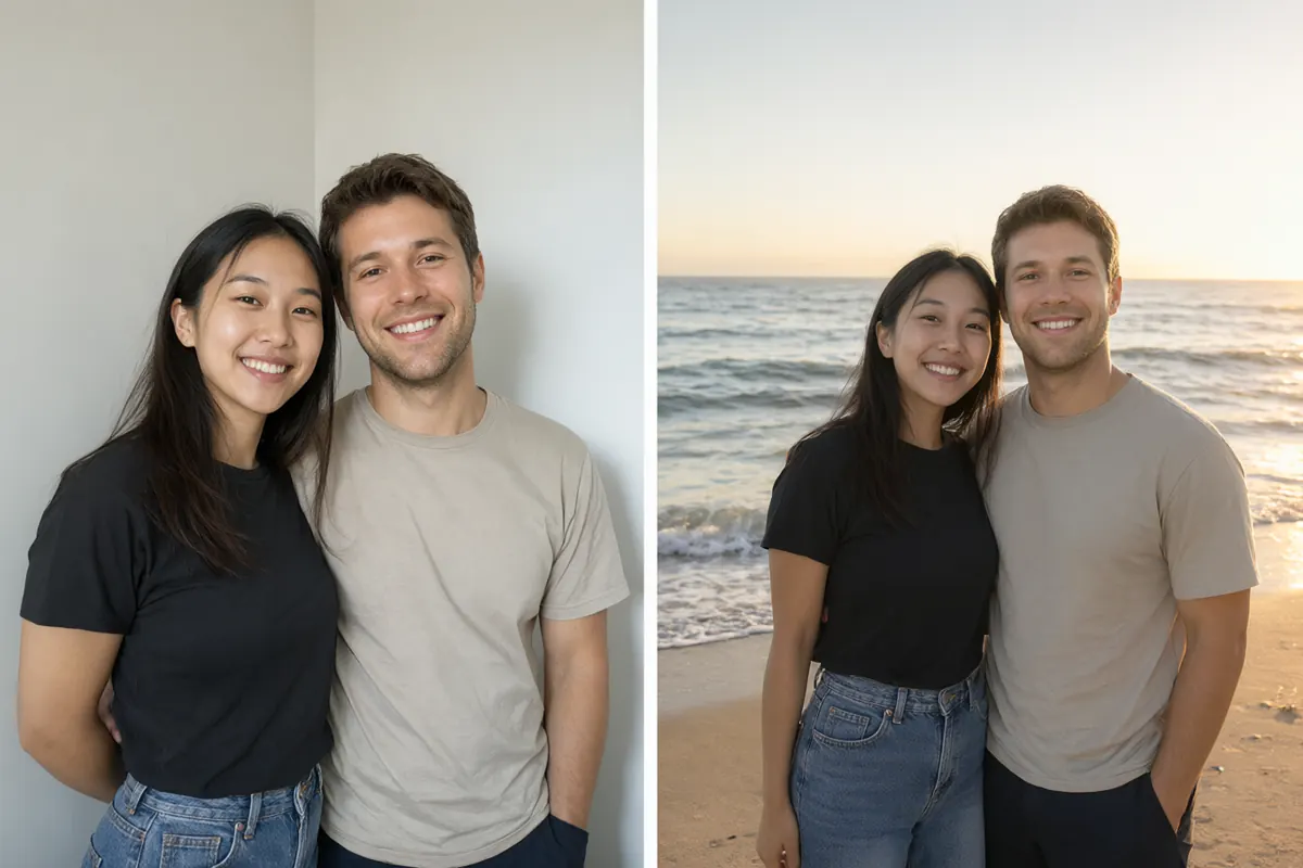 Side-by-side comparison of a couple in front of a plain wall and the same couple on a California beach