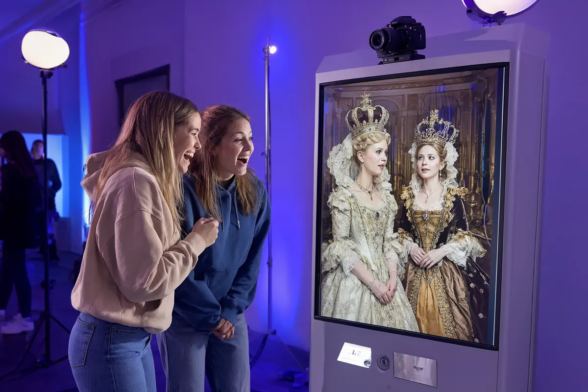 Two friends amazed at an AI portrait of themselves as Victorian royalty on a photo booth kiosk screen
