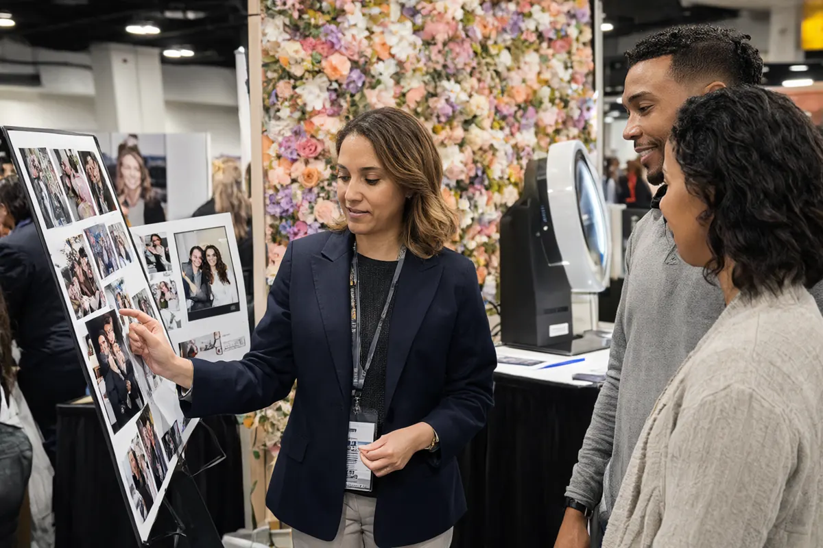 A photo booth vendor shows sample photo strips to an engaged couple at a bridal show