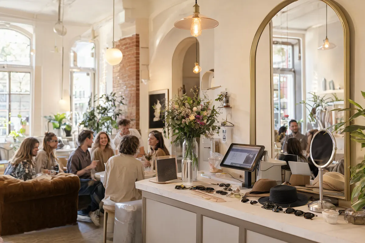The lobby of a self-portrait studio with an arched mirror, a prop shelf, a velvet sofa and a touchscreen kiosk