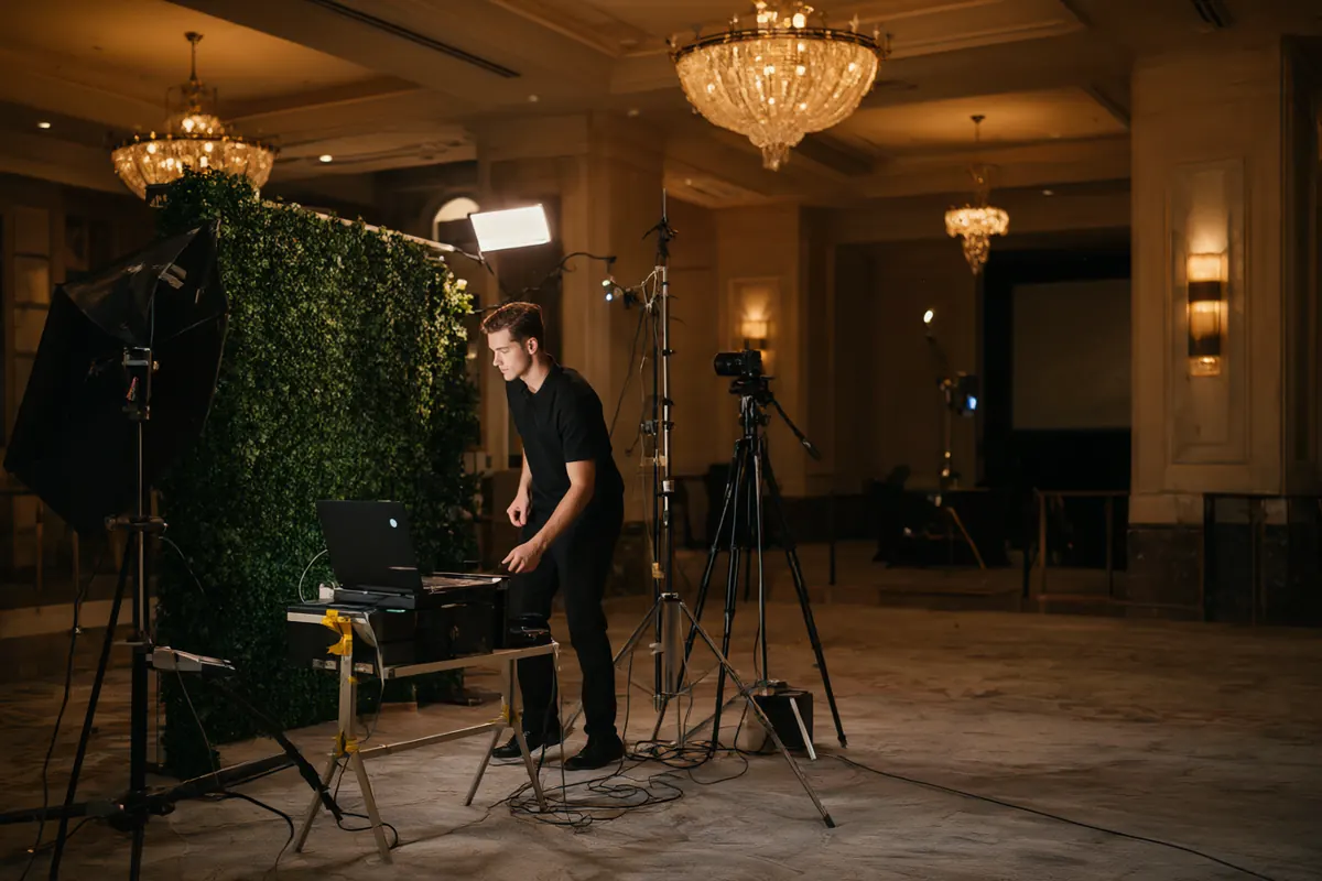 A photo booth attendant adjusting a softbox in an empty hotel ballroom before a wedding