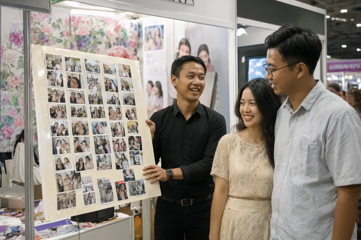 Vendor photobooth menunjukkan contoh cetakan foto kepada pasangan calon pengantin di pameran pernikahan