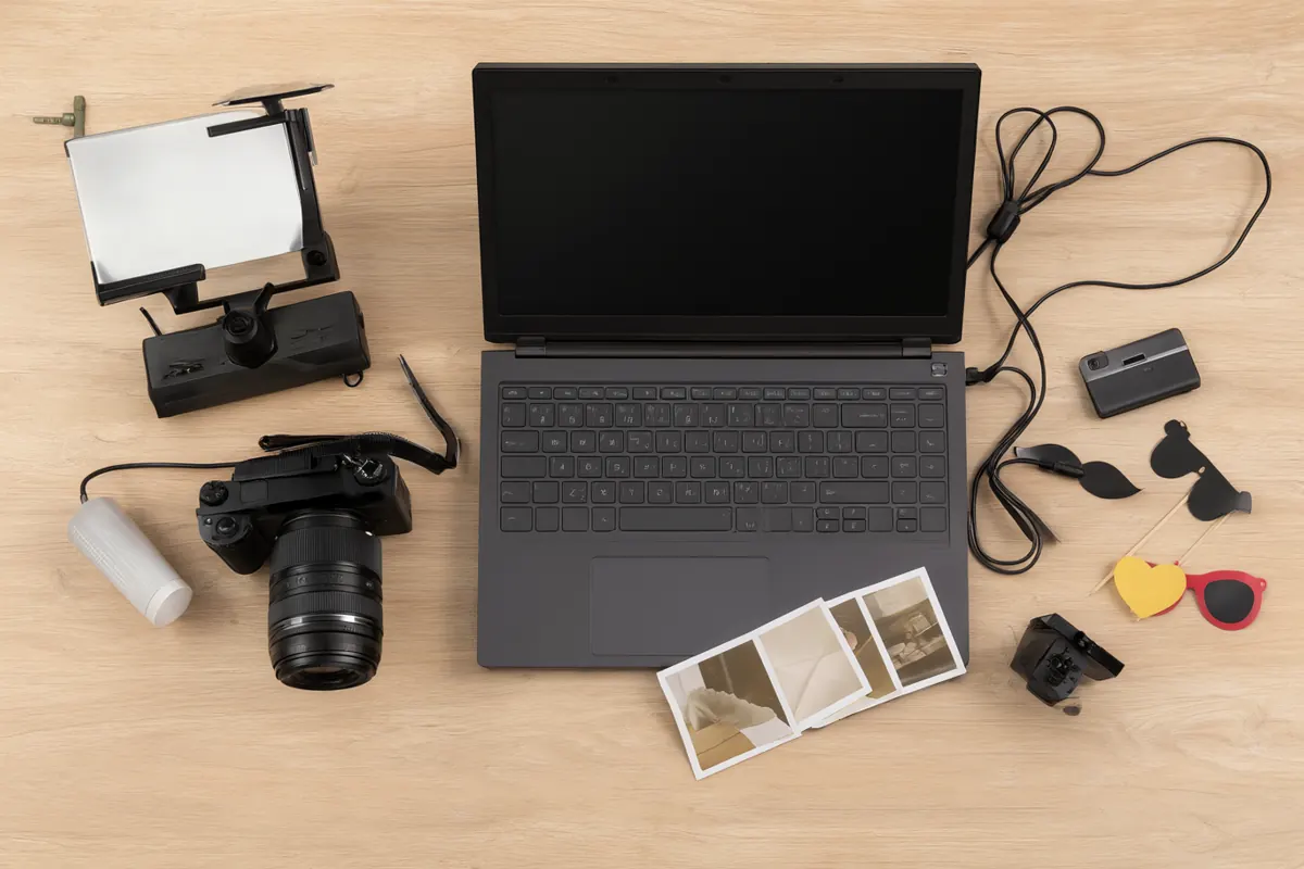 Peralatan awal photobooth di atas meja: kamera mirrorless, printer foto, laptop, lampu softbox, kabel, dan properti