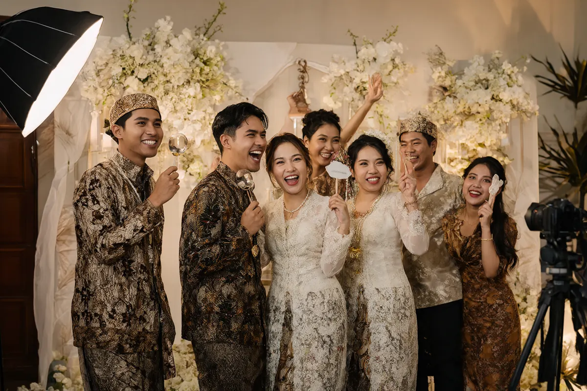Tamu pernikahan berbaju batik dan kebaya berpose dengan properti di photobooth berlatar bunga putih