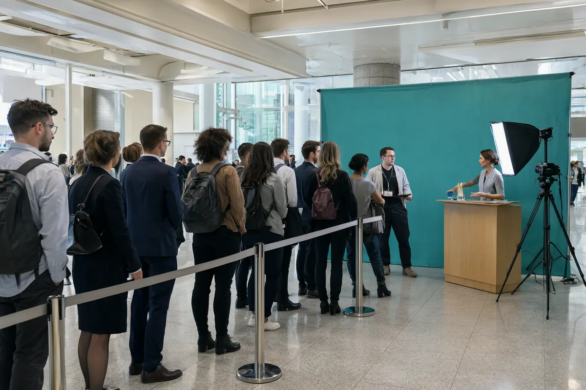 Conference attendees in a short line at a photo booth next to the registration desk, guided by staff