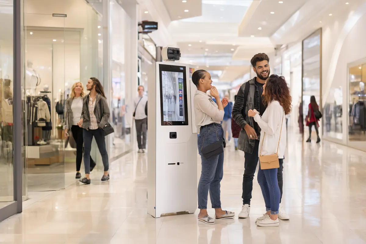A white self-service photo booth kiosk in a mall corridor with two friends posing in front of it