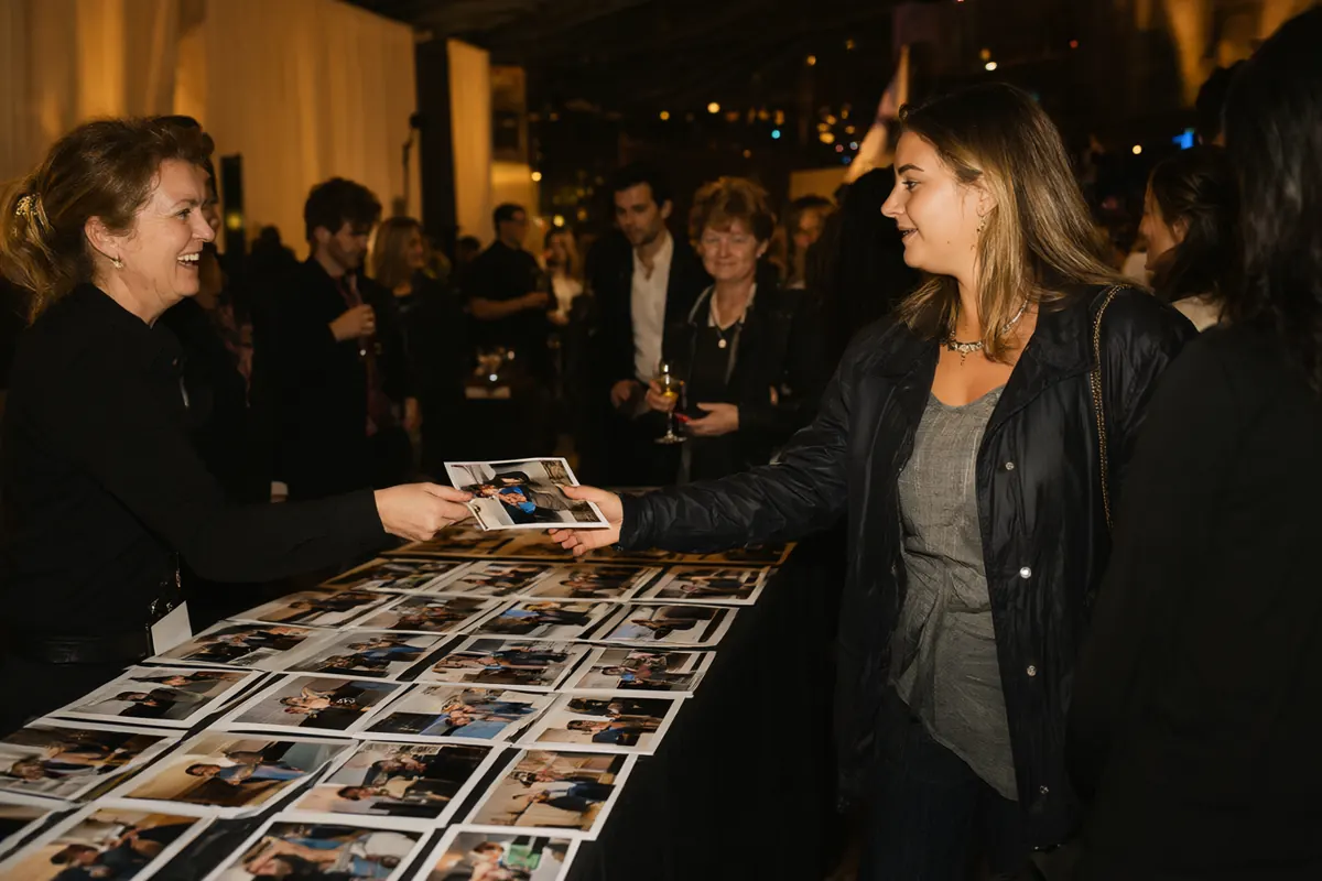 A staff member hands a printed photo to a guest at the pickup table as the event ends