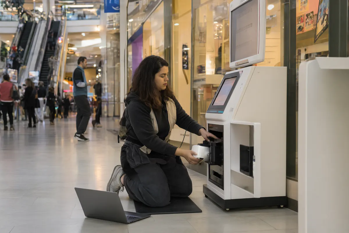 An owner loads a new roll of photo paper into the printer inside a kiosk cabinet after the mall closes
