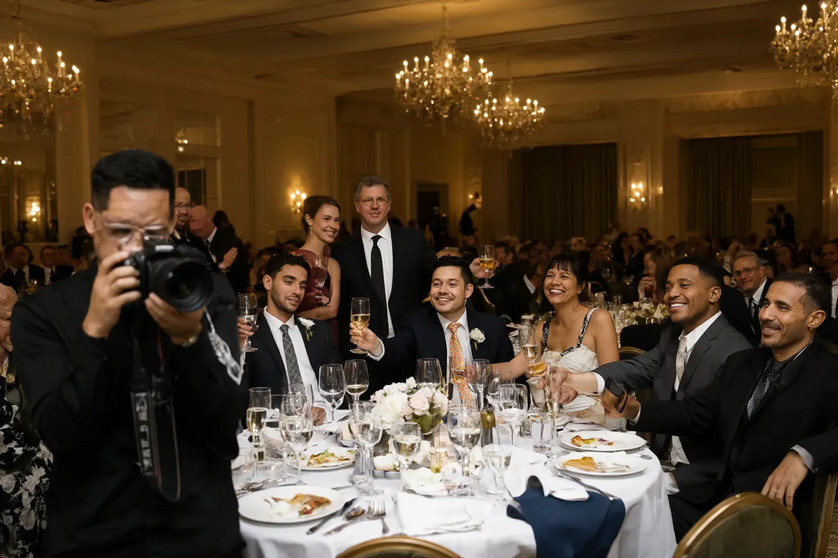 A roaming photographer photographs guests seated at a round table at a wedding reception