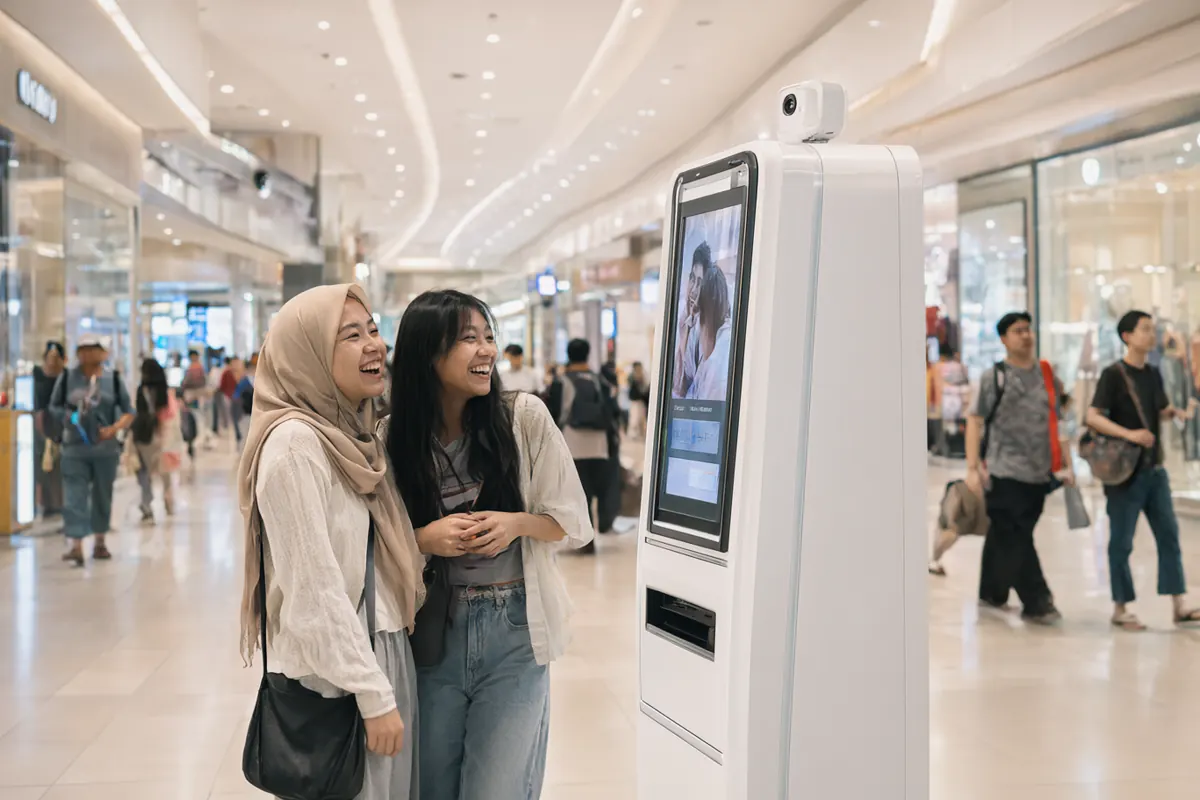 Kiosk photobooth self-service berwarna putih di lorong mal, dua remaja berpose di depannya