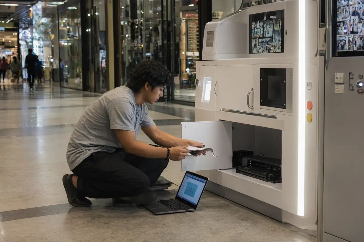 Pemilik usaha mengisi gulungan kertas foto ke printer di dalam kabinet kiosk setelah mal tutup