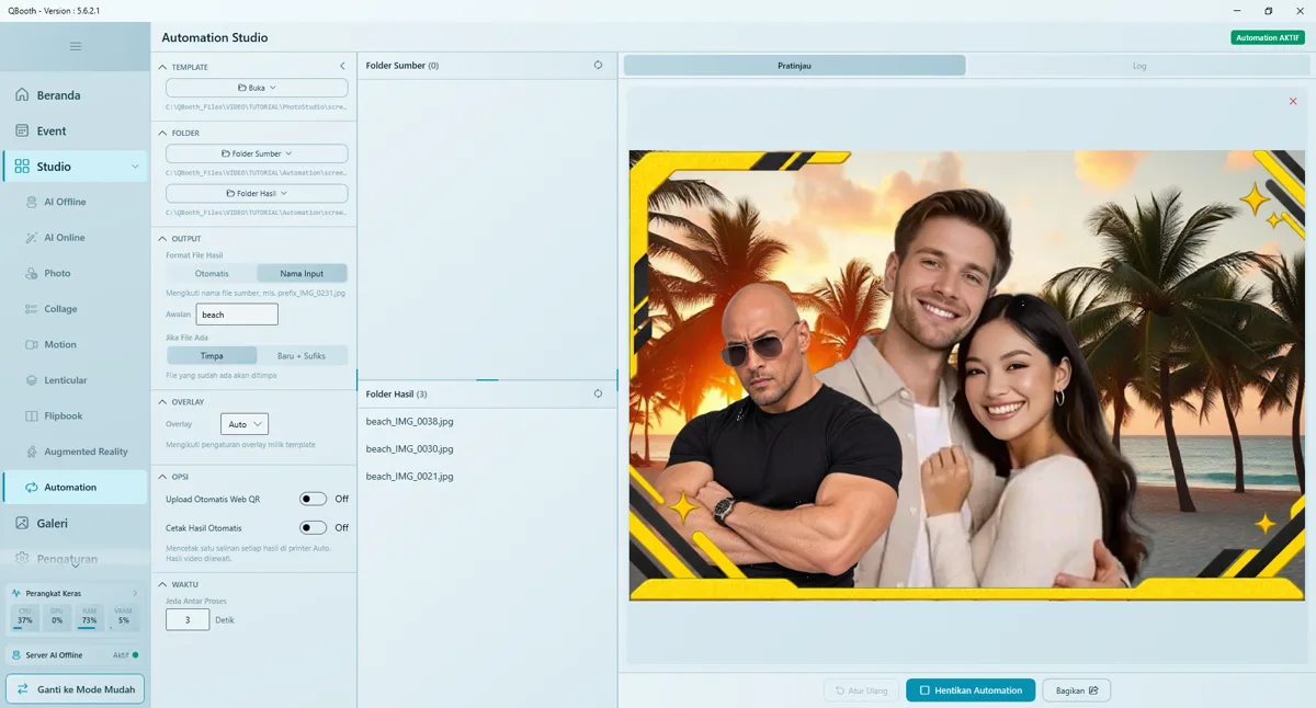 Tampilan Automation Studio di Q-Booth: panel setting di kiri, daftar folder sumber dan hasil, serta pratinjau hasil berbingkai