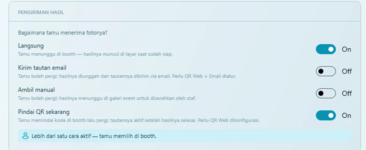 Kartu Pengiriman Hasil di Q-Booth dengan pilihan Langsung, Kirim tautan email, Ambil manual, dan Pindai QR sekarang