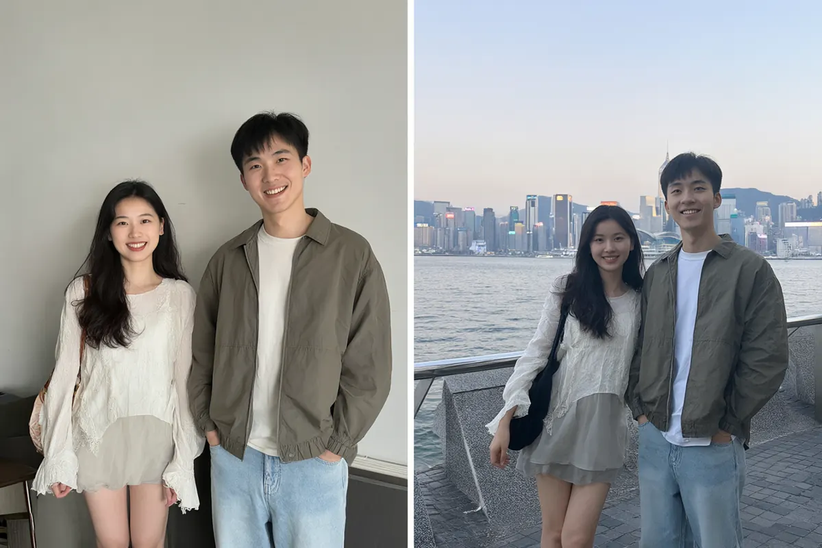 对比图：一对情侣在纯色墙前，以及同一对情侣站在香港维多利亚港夜景前