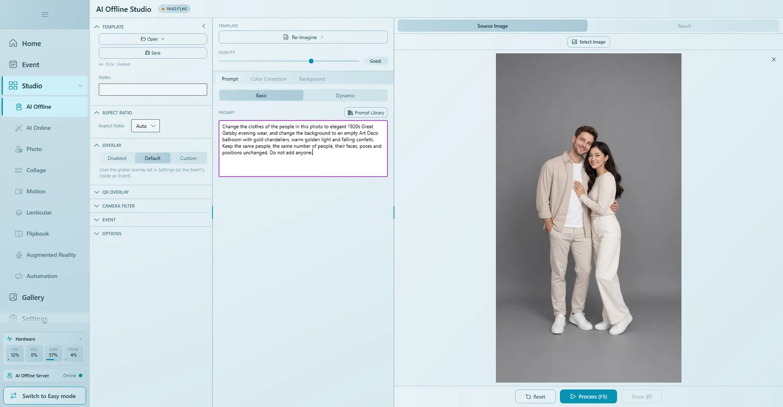 AI Offline Studio with the Re-Imagine template, Quality set to Good and an instruction-style prompt