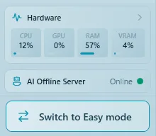 The bottom of the sidebar showing AI Offline Server: Online with a green dot