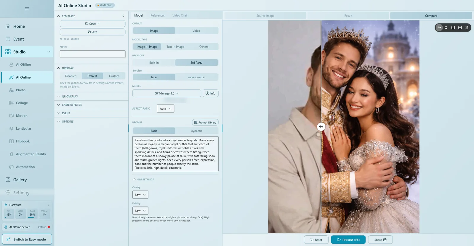 AI Online Studio Model tab with Image, Image to Image, 3rd Party provider, a model, Auto aspect ratio, a prompt and the Compare view