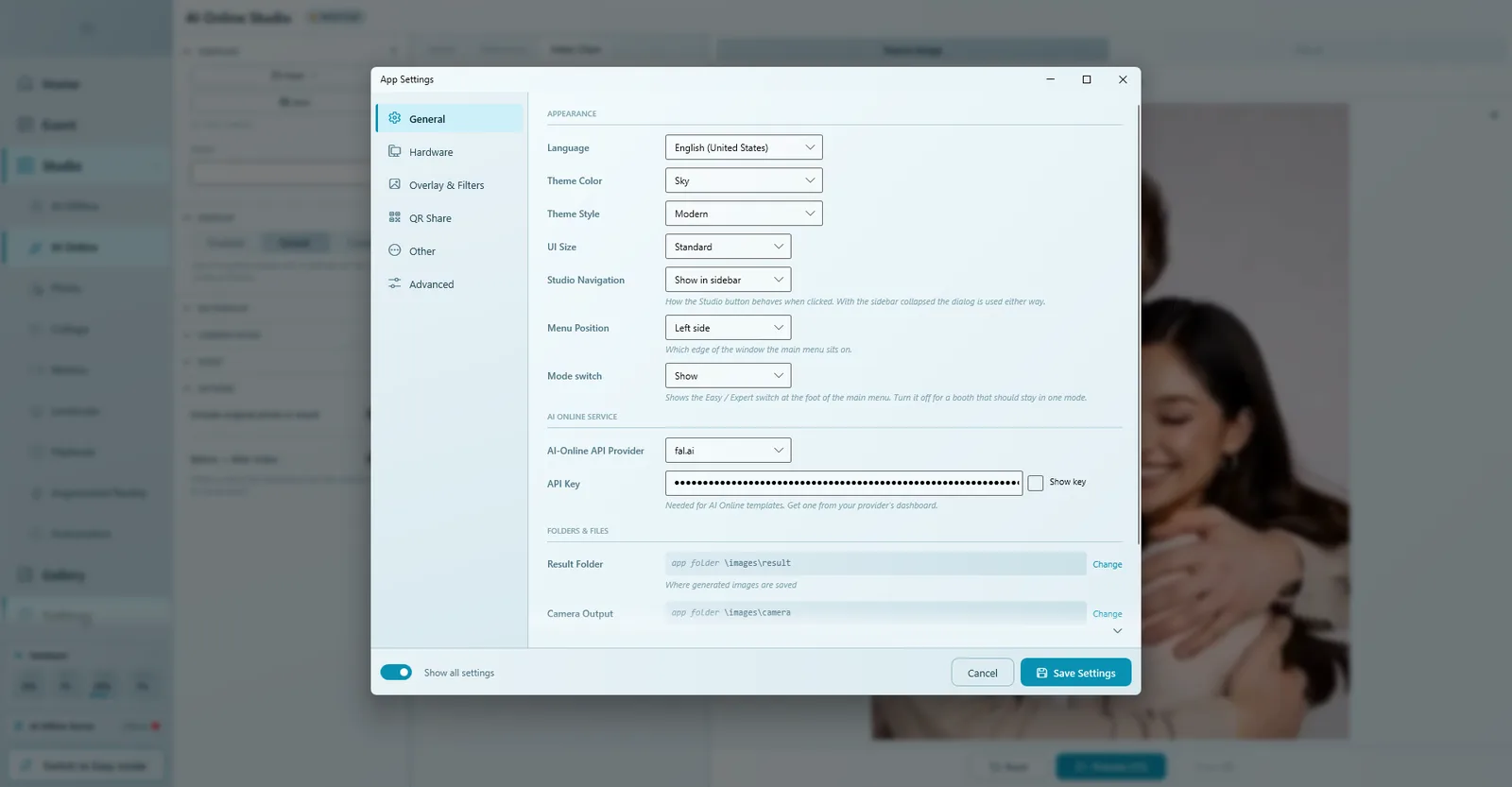 App Settings, General page, AI Online Service group with AI-Online API Provider fal.ai and the API Key field