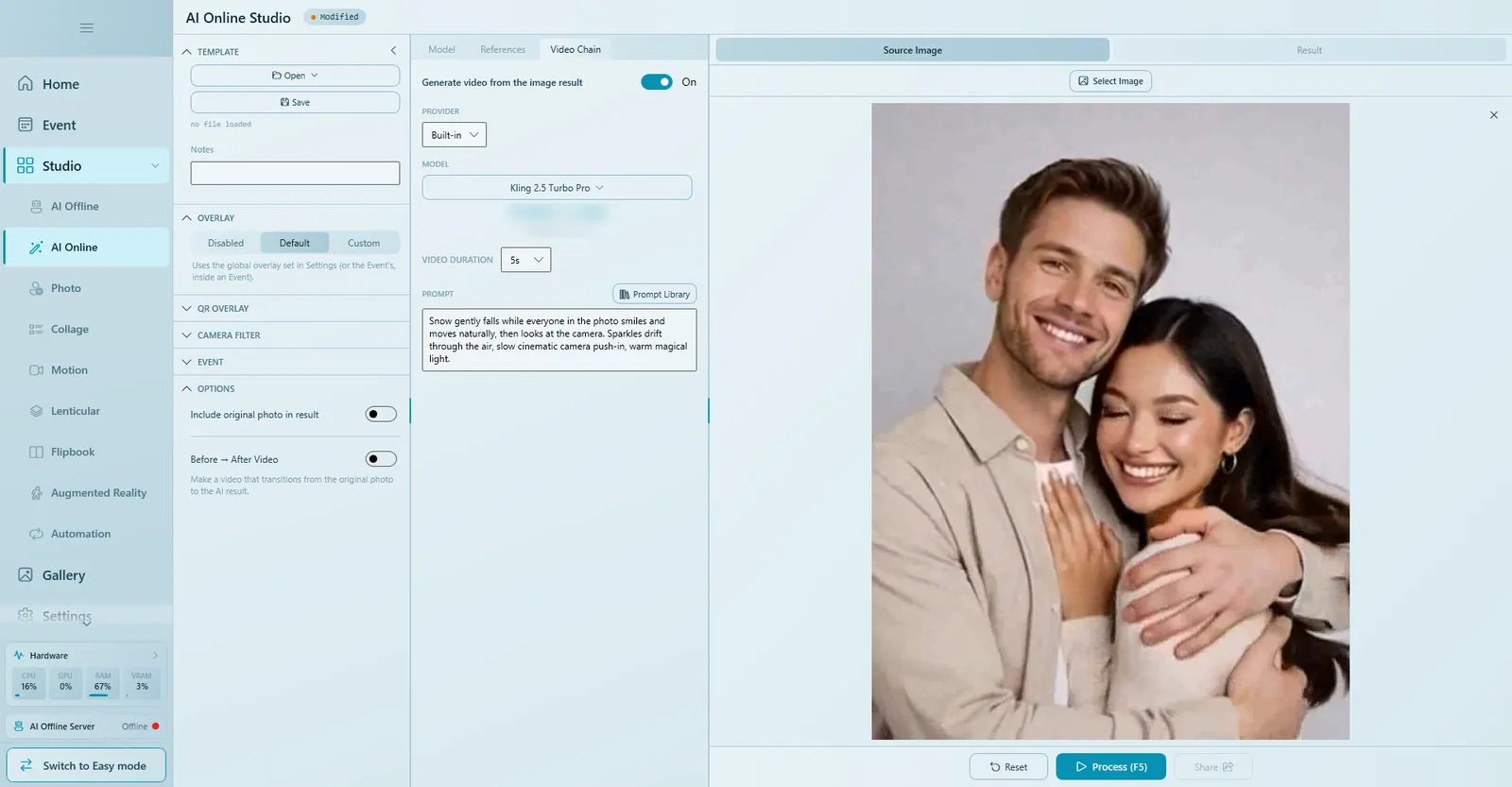 Video Chain tab with Generate video from the image result turned on, a video model, a 5 second duration and a motion prompt; the Options group on the left