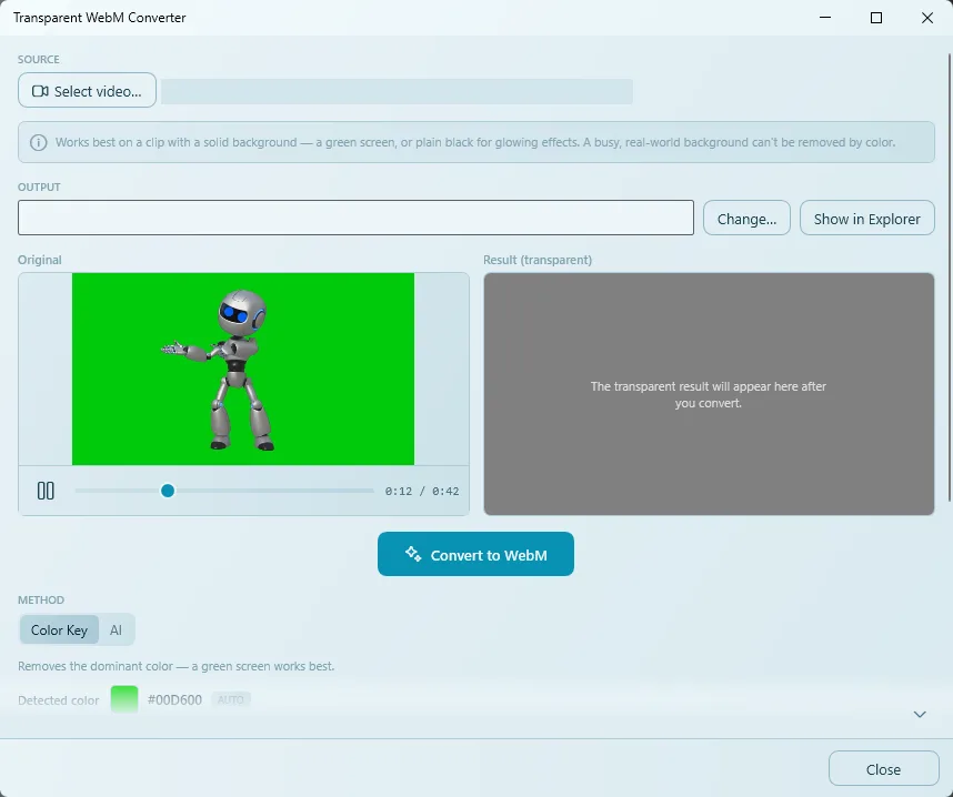 Transparent WebM Converter with a green-screen robot clip, Convert to WebM button and Method Color Key or AI