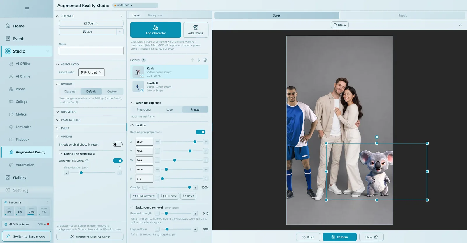 Options with Include original photo in result and Generate BTS video turned on, video duration 3 seconds