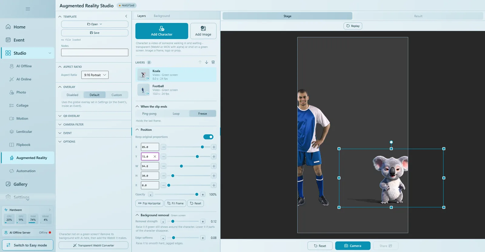 Augmented Reality Studio with a football player on the left and a koala on the right of a 9:16 stage