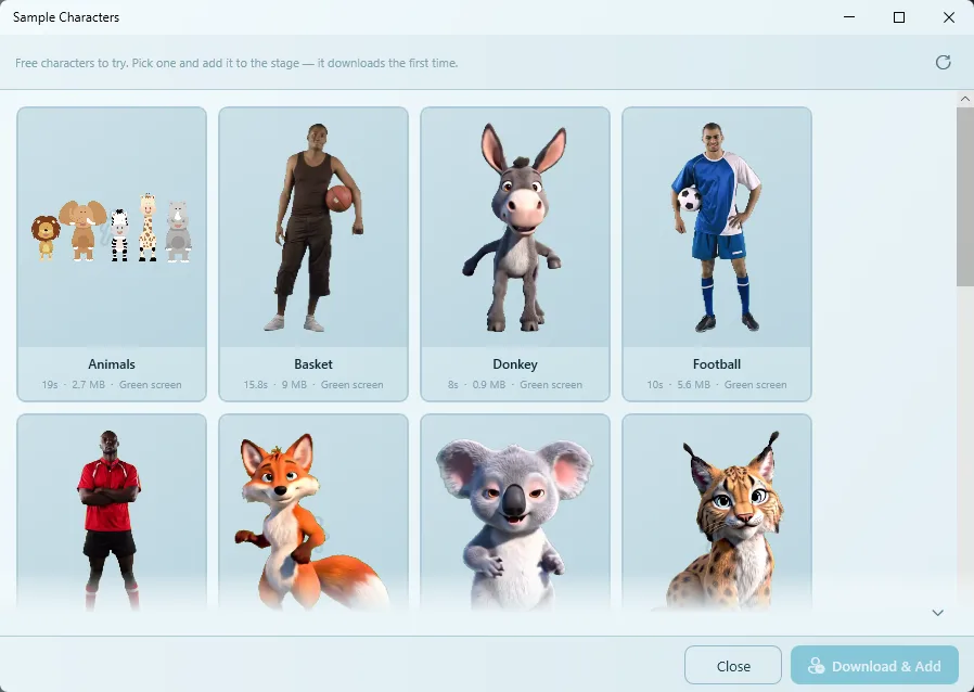 Sample Characters window with Animals, Basket, Donkey, Football, Koala and more
