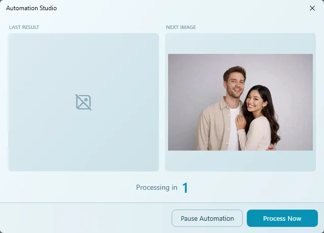 Automation countdown window with Last Result, Next Image, Processing in 1, Pause Automation and Process Now