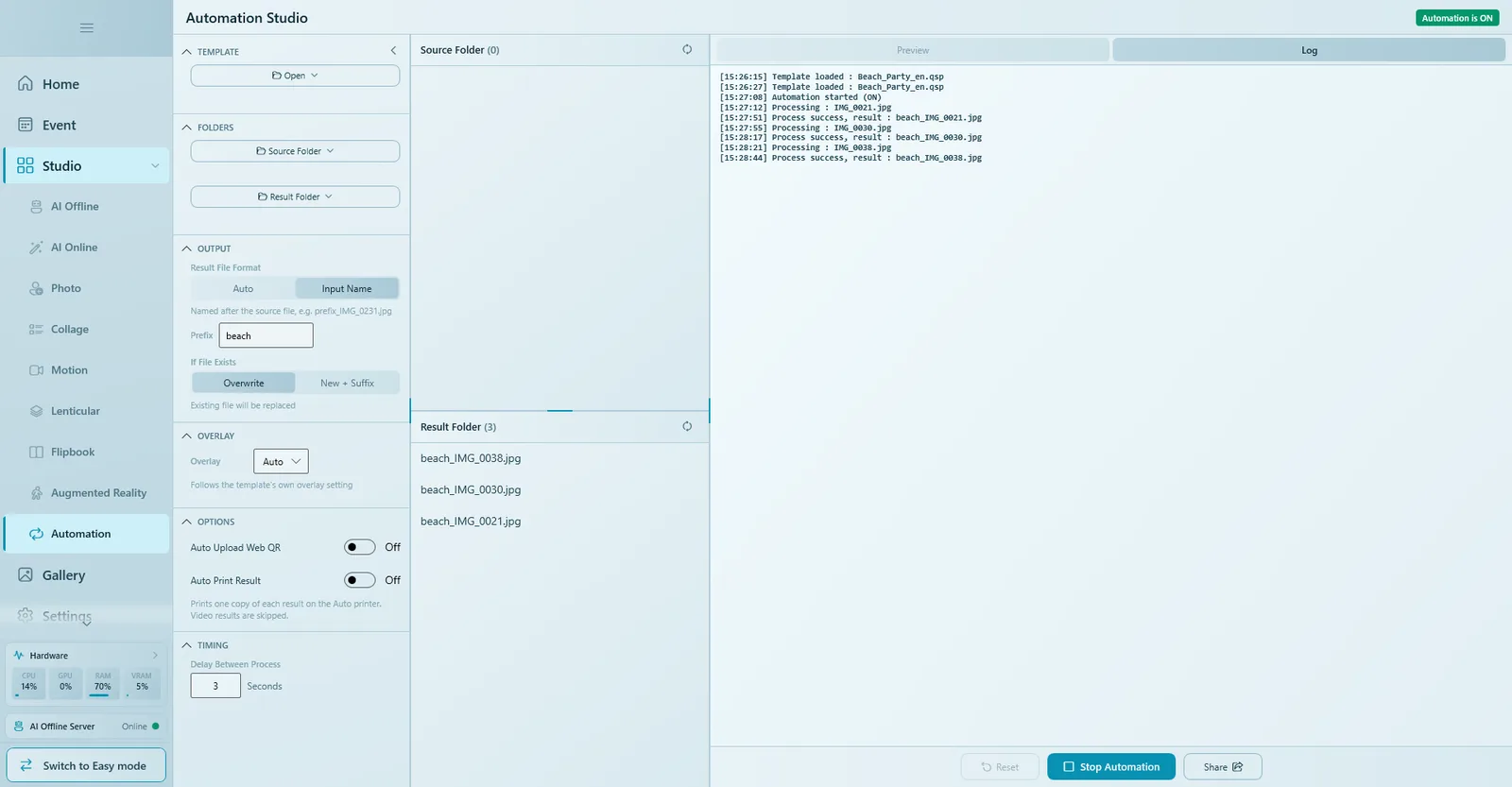 Automation is ON, the Source Folder is empty, three results in the Result Folder and the Log tab listing each step