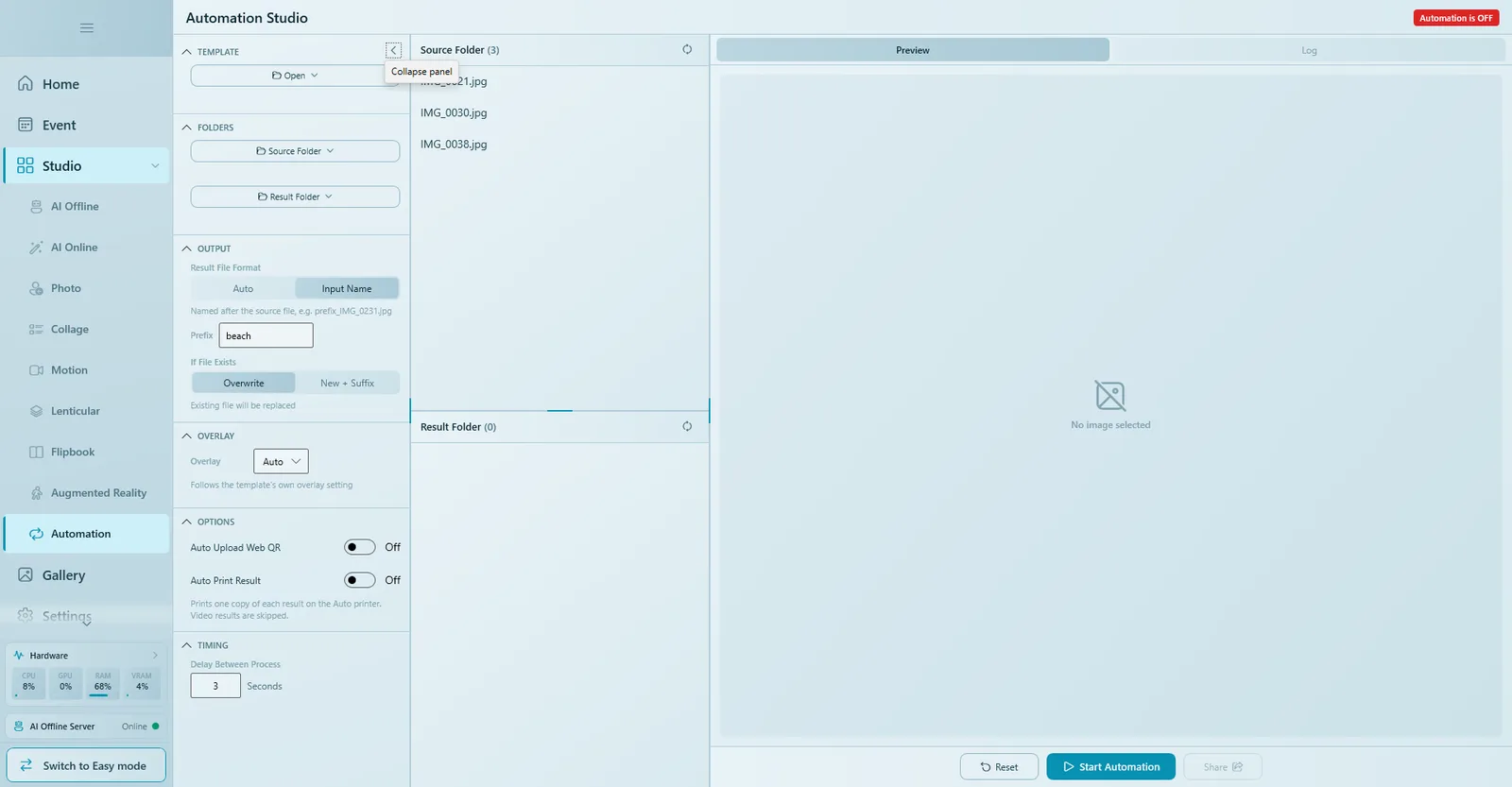 Automation Studio with Template, Folders, Output, Overlay, Options and Timing sections on the left and three photos in the Source Folder list