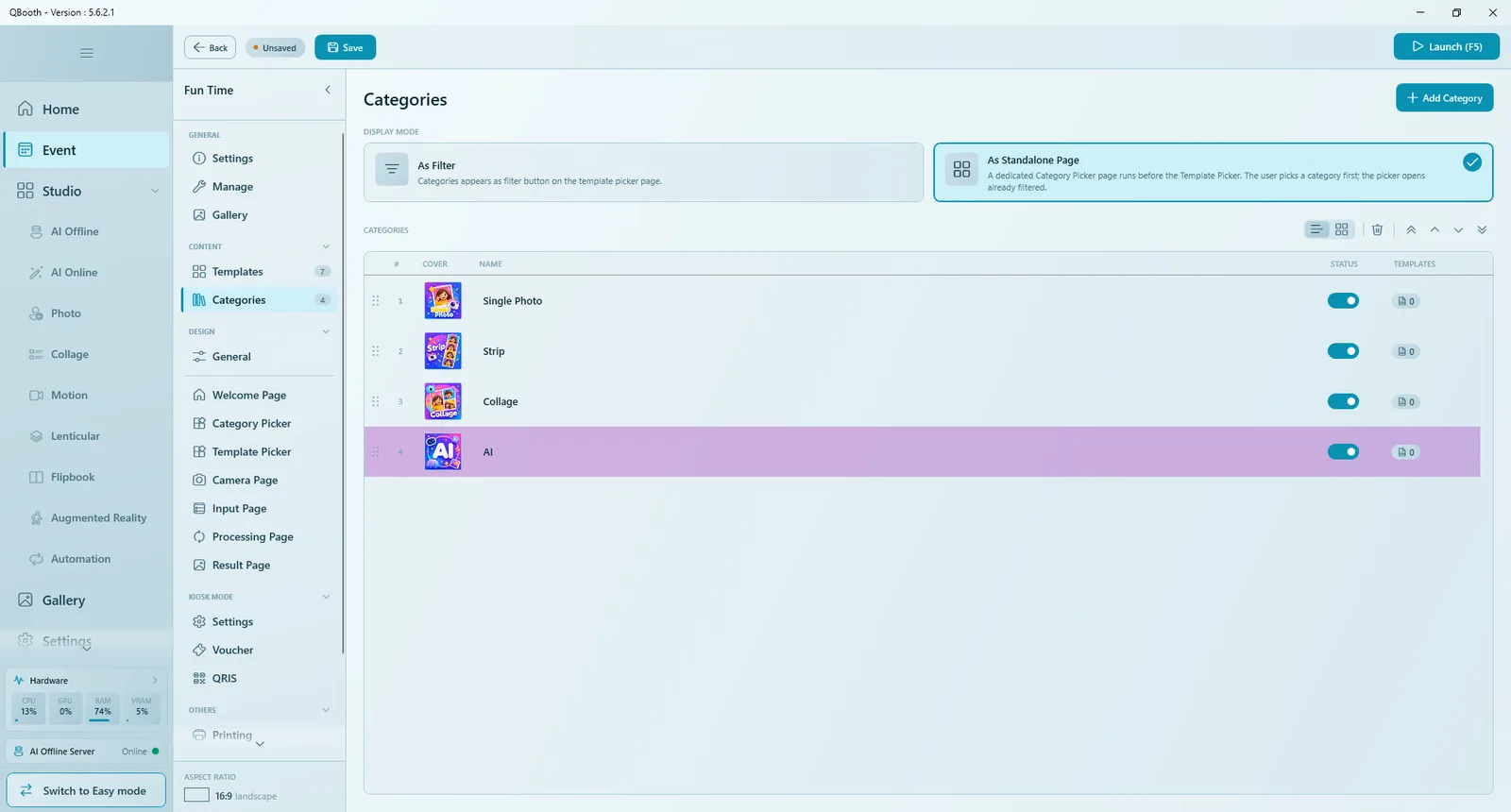 Categories page with As Filter and As Standalone Page cards, Standalone selected, and four categories with covers, status switches and template counts
