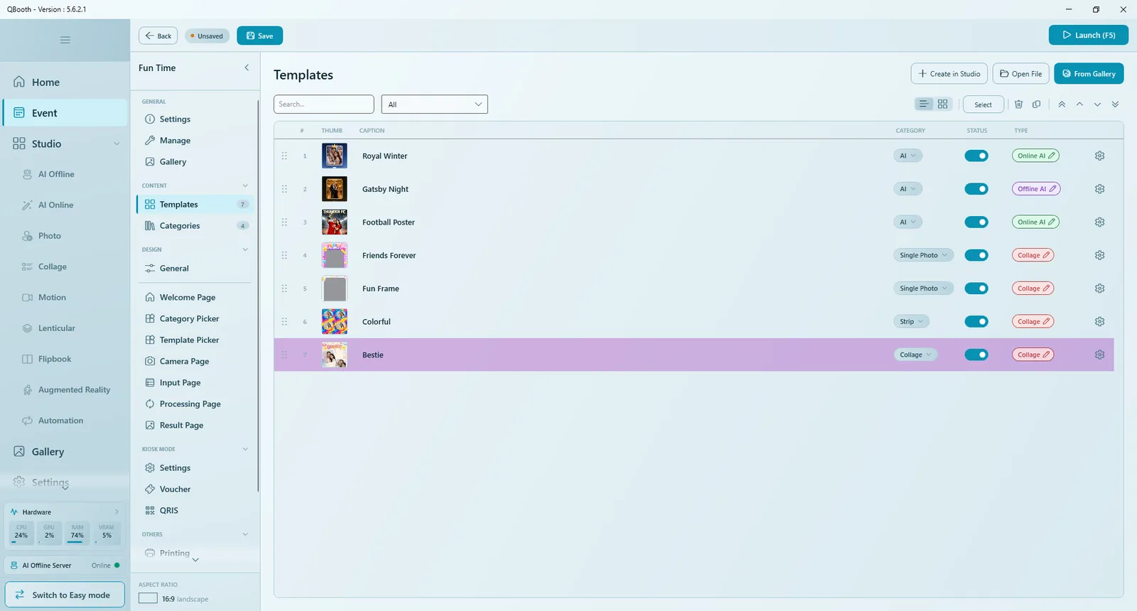 Templates list where each template shows its category chip: AI, Single Photo, Strip or Collage
