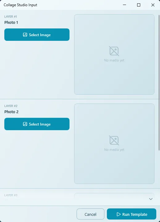 Collage Studio Input window with a Select Image button for each photo layer