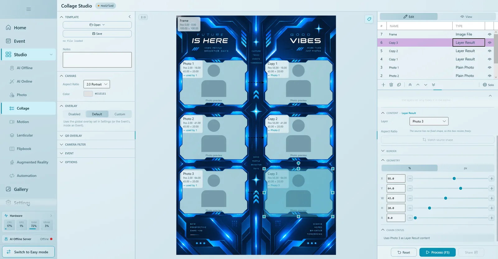 Two-strip layout: Plain Photo layers on the left and Layer Result copies on the right