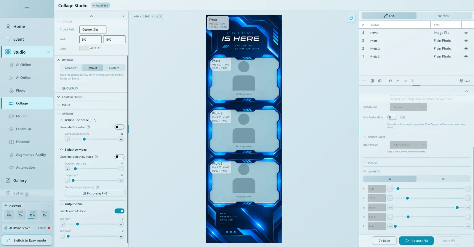 Custom Size 600 x 1800 strip with Output clone enabled and Tile right set to 1