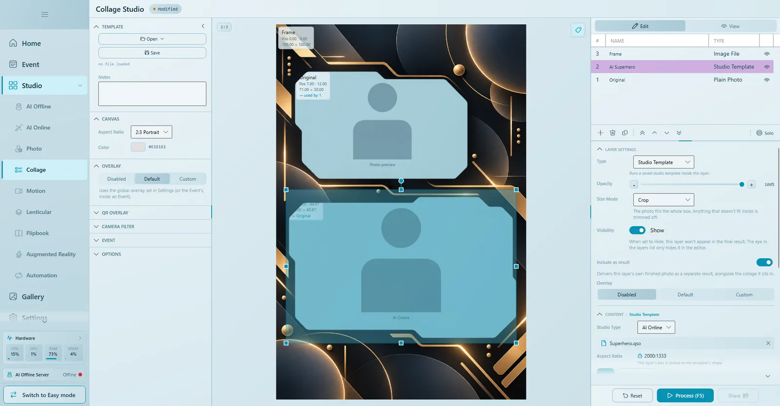 Collage Studio with a frame layer on top, an Original photo layer and an AI Online Studio Template layer