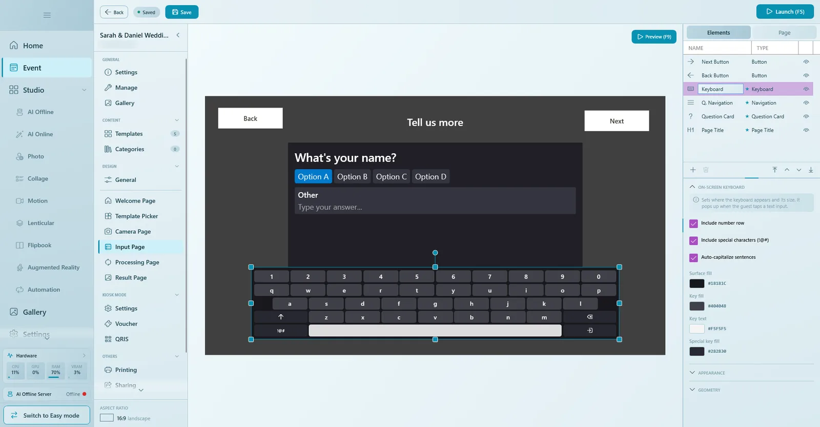 Event editor Input Page with the on-screen keyboard selected and Include number row turned on