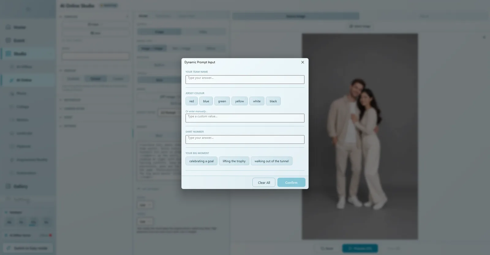 Dynamic Prompt Input dialog with fields for team name, jersey colour choices, shirt number and big moment choices
