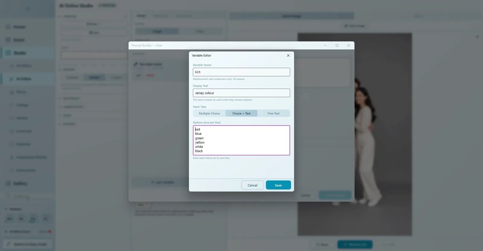 Variable Editor with name kit, display text Jersey colour, input type Choice + Text and six colour options