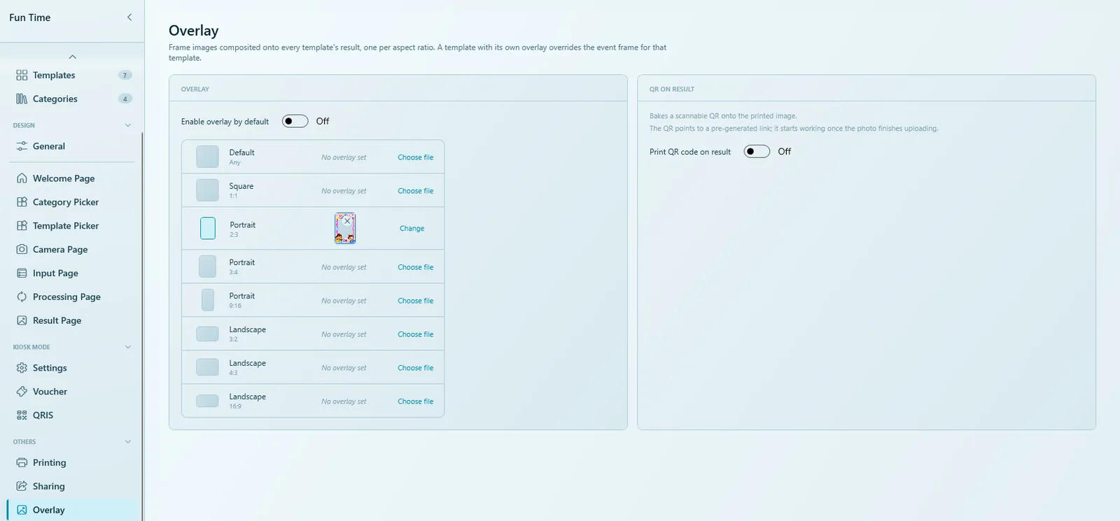 The event Overlay page with one row per aspect ratio, a 2:3 portrait frame chosen, and the QR on Result group