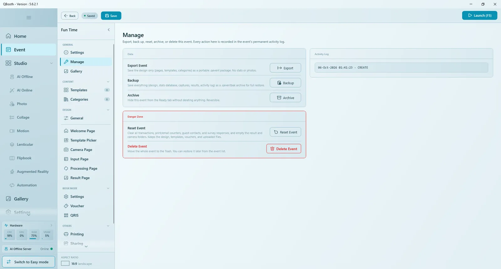 Manage page with Data (Export, Backup, Archive), Danger Zone (Reset Event, Delete Event) and the Activity Log