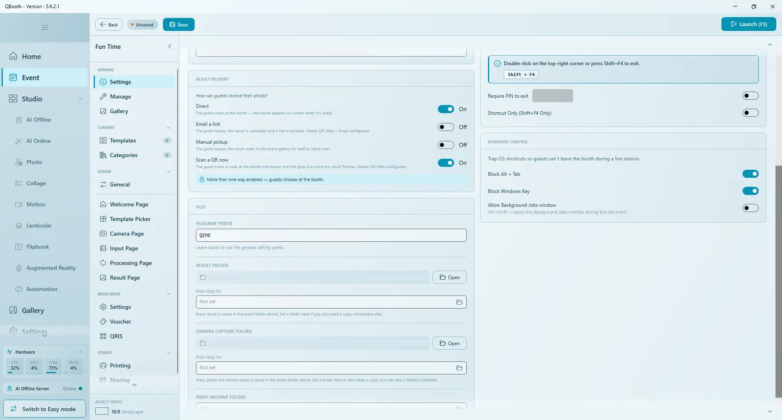 Event settings page showing Result Delivery with four switches, the Files box, Exit Access and Keyboard Control