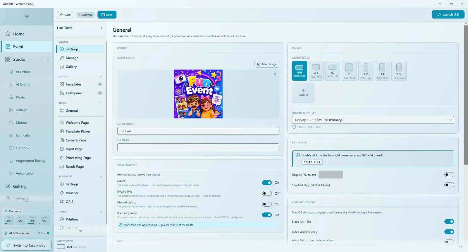Event Editor with the action bar, the section list grouped into GENERAL, CONTENT, DESIGN, KIOSK MODE and OTHERS, and the Settings page