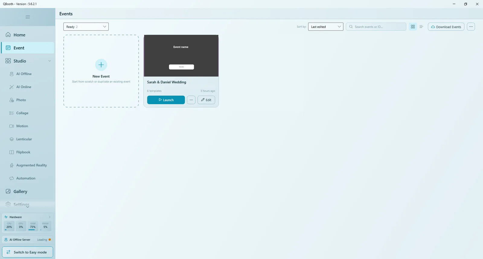 The Events page with the New Event card and one event card with Launch, More and Edit buttons