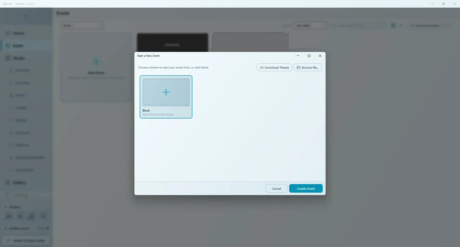 Start a New Event window with the Blank card, Download Theme and Browse file buttons, and Create Event
