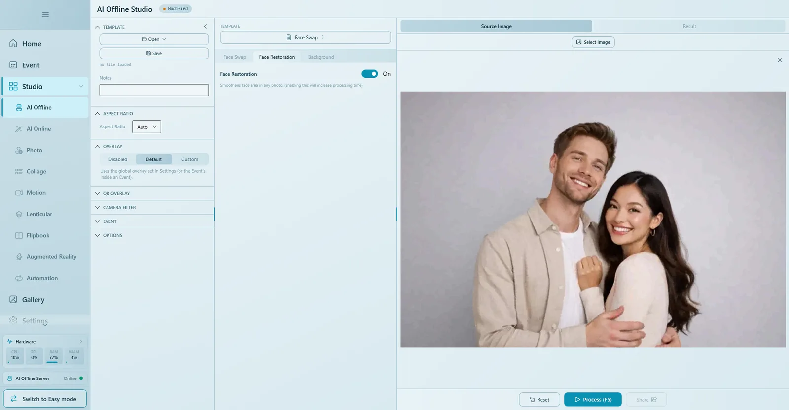 The Face Restoration tab with the Face Restoration switch turned on