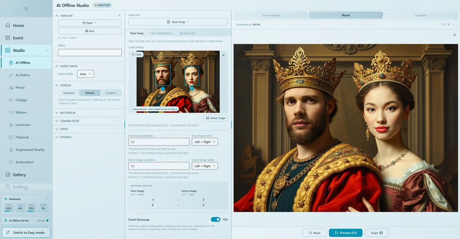 Face Swap result: the couple's faces placed on the king and queen in the royal portrait