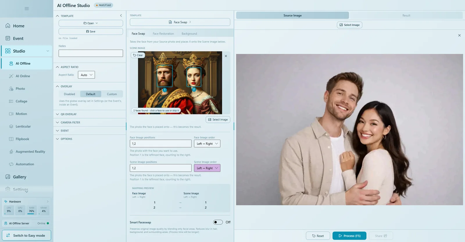 Face Swap tab with a king and queen scene, two numbered faces, positions 1,2 Left to Right and the mapping preview